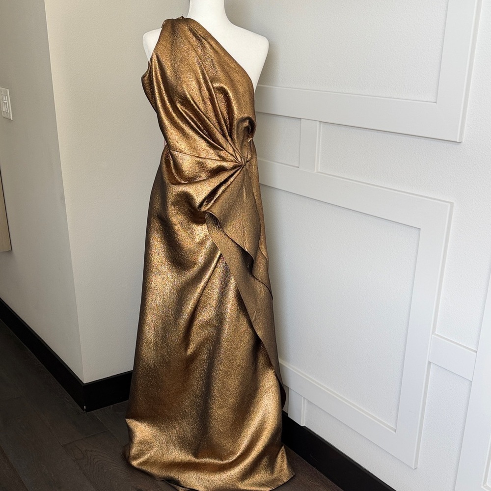 Reem Acra Metallic Gold One-Shoulder Gown